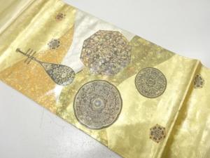 未使用品　箔置き螺鈿　琵琶に鏡裏模様　袋帯